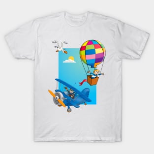 Drawing of a boy in a hot air balloon and a happy pilot in a blue airplane T-Shirt